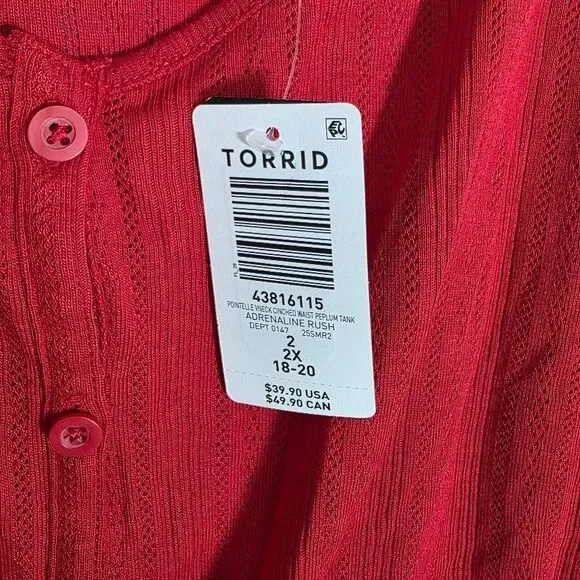 Torrid Pointelle V Neck Cinched Waist Peplum Tank Adrenaline Rush Red 2X (18-20) - Picture 3 of 10
